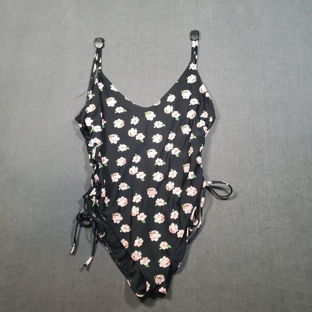 Hollister One Piece Swimsuit Womens XL Black Floral Lace Up Sides Strappy